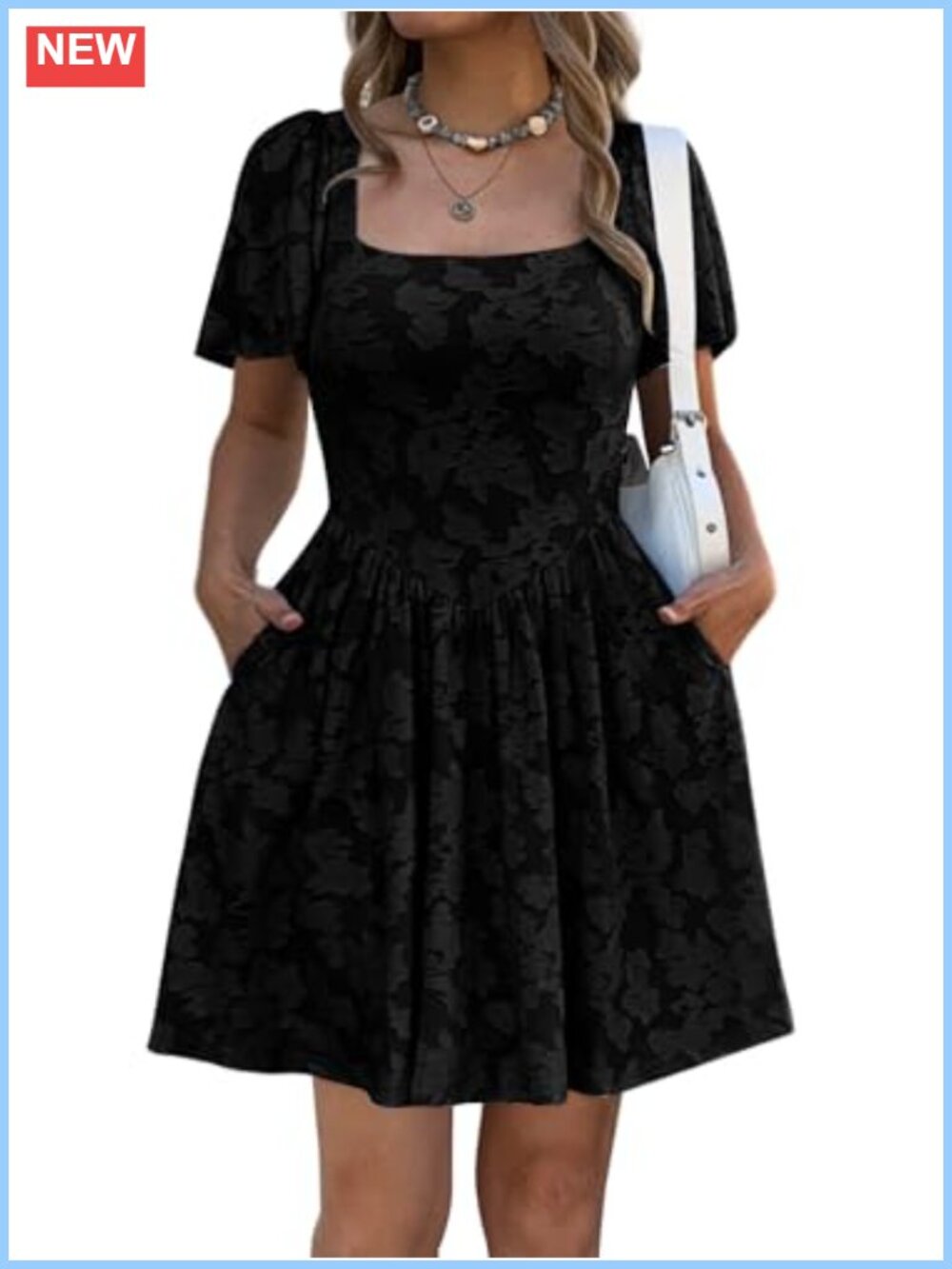Floral Jacquard Square Neck Mini Dress A-Line Pockets Casual Wedding Guest